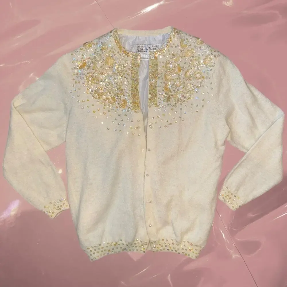 Vintage iridescent sequin pearl cardigan fairy core romantic Y2K - Picture 1 of 8